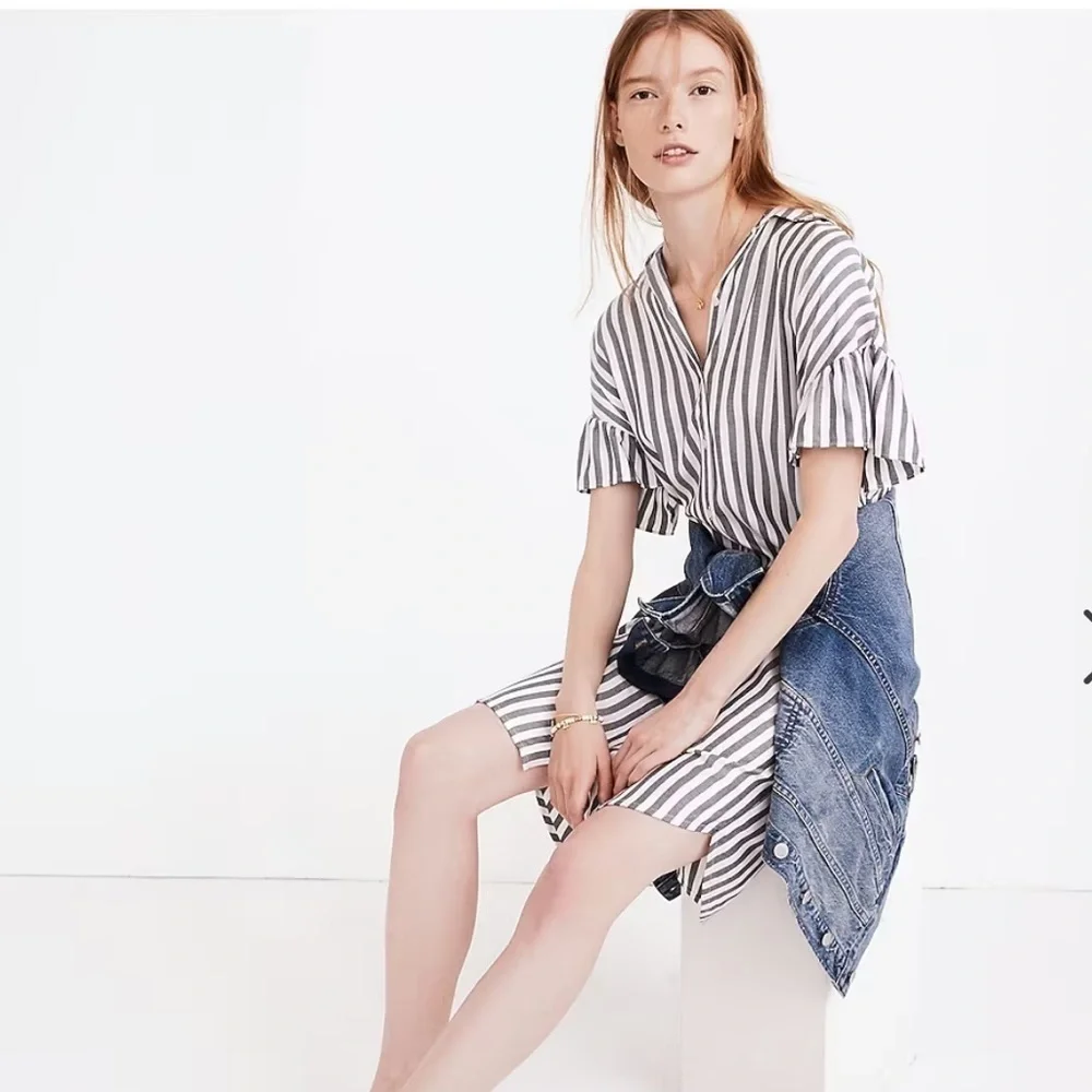 Madewell Women’s Gray & White Striped Ruffle-Sleeve Button Front Shirtdress‎ XS